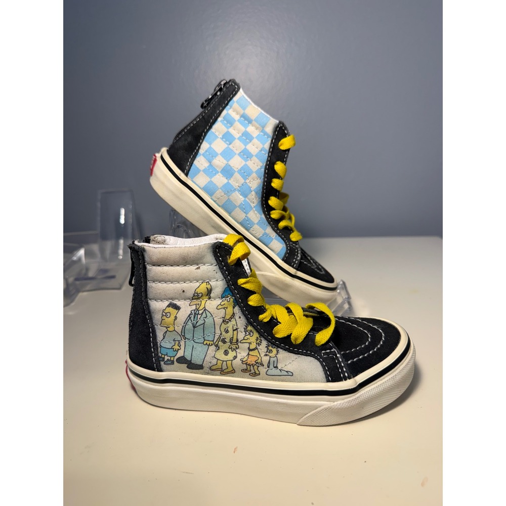 Vans x The Simpsons Sk8-Hi Zip Kids Shoes Black Yellow Blue Checkerboard 10.5C